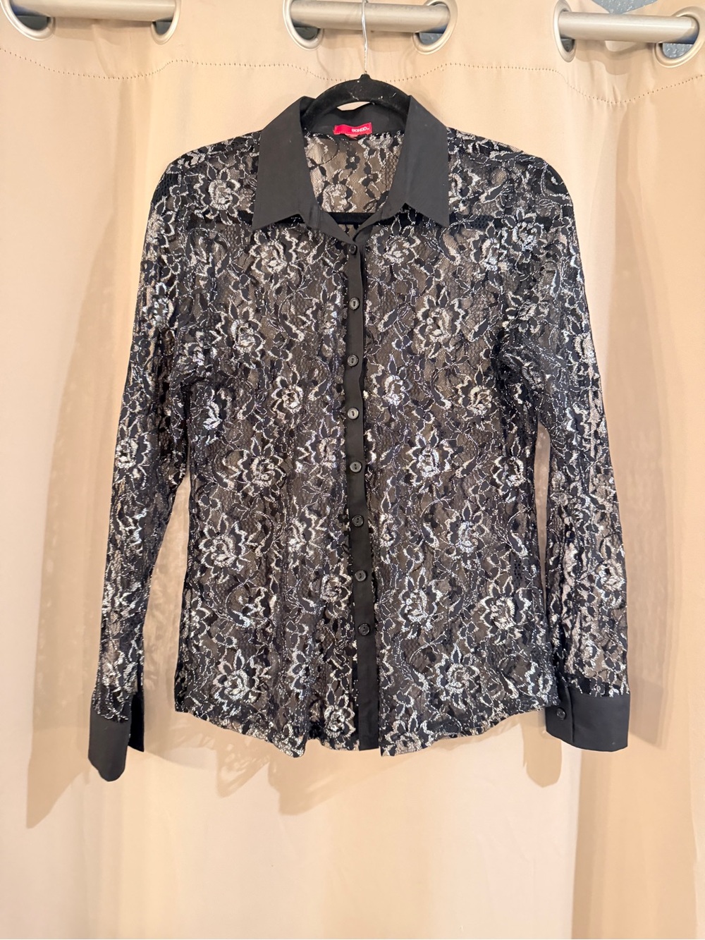 Bongo Sheer Black Lace Button-Down Top with Collar